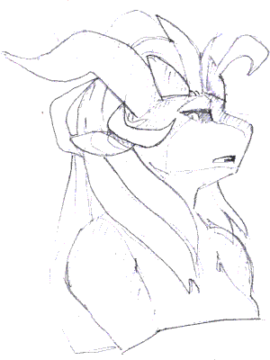 Pencil sketch of a kobold drawn from the bust up looking down at the viewer